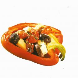 Pečené papriky plněné fetou, lilkem, olivami a sušenými rajčaty